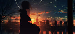 夕陽下俯瞰城市天際線的動漫女孩剪影，背景有建築起重機。