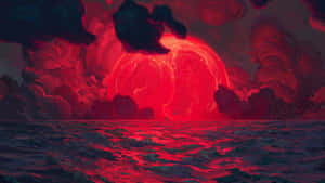 紅色太陽在黑暗海洋和暴風雲中落下。