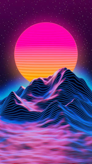 星空下，發光太陽下的霓虹山脈。