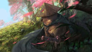 戴草帽的狐狸武士跪在櫻花下持劍