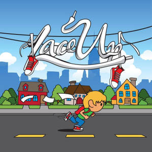 一個卡通男孩在一個巨大的、運動鞋形狀的「Lace Up」標誌下跑過街道。