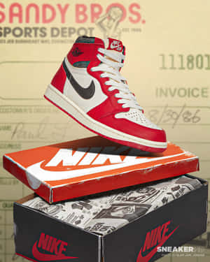 紅、白、黑色的Nike Air Jordan 1運動鞋放在復古Nike鞋盒上，背景是復古體育用品倉庫的發票。