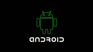 黑色背景上帶有白色文字的發光綠色Android機械人標誌。