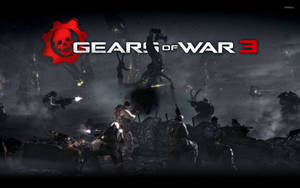 士兵在黑暗戰區與巨型怪物戰鬥，帶有Gears of War 3標誌。