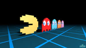 復古電子遊戲場景中，藍色網格上的 Pacman 與四個鬼魂。 — 街機 壁紙