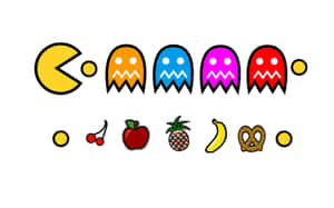 Pacman 與鬼魂及水果強化道具的像素藝術風格 — 街機 壁紙