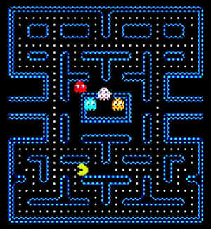 來自復古電子遊戲的藍色迷宮中的 Pacman 和四個鬼魂。 — Galaxy Z Flip 8 壁紙