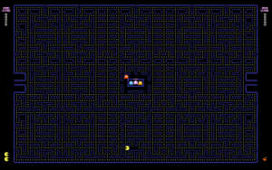 復古 Pacman 遊戲，黃色角色和四個鬼魂在藍色迷宮中。 — 街機 壁紙