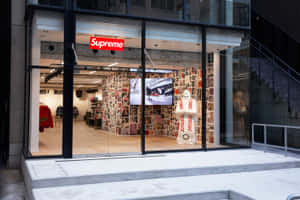 Supreme店面，有雪人雕像和照片牆。
