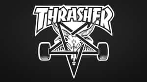 Thrasher雜誌標誌，帶有山羊頭骨和滑板，黑色背景。