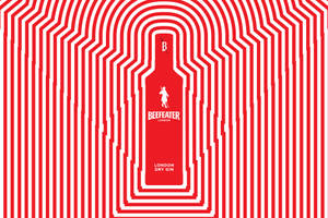 紅白幾何圖案，形狀像一個帶有 Beefeater 品牌的氈酒瓶。