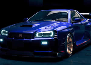 光澤藍色日產GT-R，配備發光頭燈和金色輪圈，在黑暗的攝影棚中。 — 日產 Skyline GTR R33 壁紙
