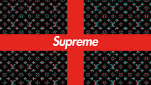 帶有Supreme標誌的紅色十字架，位於故障LV字母組合圖案背景上。