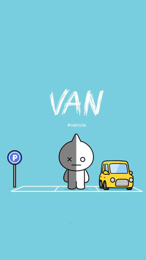 分裂面孔的卡通人物在黃色客貨車旁邊的停車位。