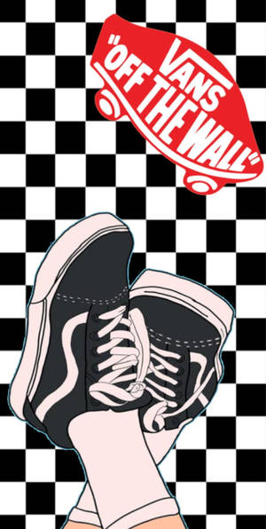 黑白Vans運動鞋，粉紅色鞋帶，格紋背景，Vans標誌。