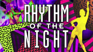 跳舞剪影在色彩繽紛的幾何背景上，帶有文字 rhythm of the night。