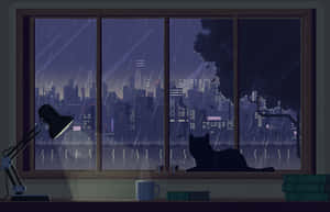 一隻像素藝術貓坐在窗邊，看著夜晚城市上的雨。 — 復古 壁紙