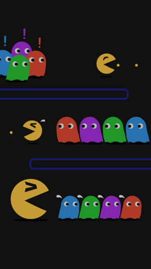 Pacman 和色彩繽紛的鬼魂，以經典街機遊戲風格呈現。