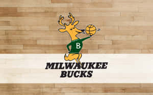 Milwaukee Bucks 標誌，卡通鹿在木地板上運籃球。