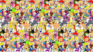 以 Rugrats 和 Powerpuff Girls 卡通角色重複圖案為特色的壁紙。