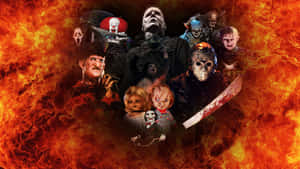 火焰中的恐怖電影怪物，包括 Freddy、Jason 和 Chucky。
