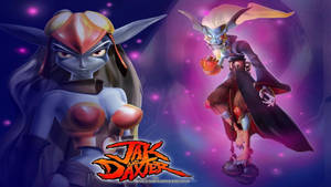 來自Jak and Daxter的兩個動畫角色站在發光的宇宙場景中。
