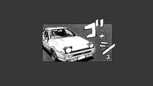 一輛白色跑車以漫畫風格高速行駛，帶有日本音效。