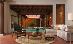 豪華熱帶別墅客廳，附泳池和木樑。 — 美學 壁紙