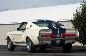 白色經典Shelby GT500肌肉車，帶有藍色賽車條紋，停在車庫附近。 — 美學 iPhone 壁紙