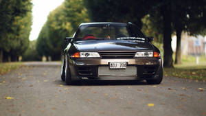 黑色日產Skyline GT-R停在日落時分秋樹下鋪滿落葉的道路上。