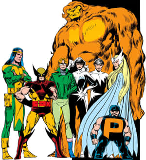 經典 X-Men 漫畫書團隊插圖，Beast 聳立在他們身後。 — Galaxy Z Flip 8 壁紙
