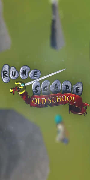 RuneScape Old School 遊戲標誌，劍穿過石頭字母，背景有一個角色。