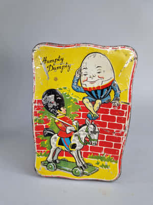 復古錫牌顯示 Humpty Dumpty 在磚牆上，一名士兵騎著帶輪子的馬。 — 卡通 壁紙