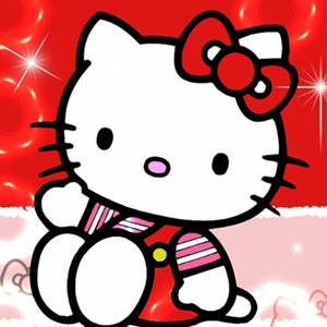 Hello Kitty 穿著節日紅粉服裝，閃爍著揮手。