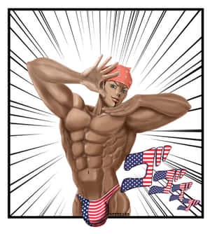 肌肉發達的動漫男人，身穿美國國旗泳褲和紅色頭巾，英雄式地擺姿勢。