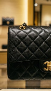 店內展示的黑色絎縫Chanel手袋，帶金色五金件。 — Chanel 壁紙