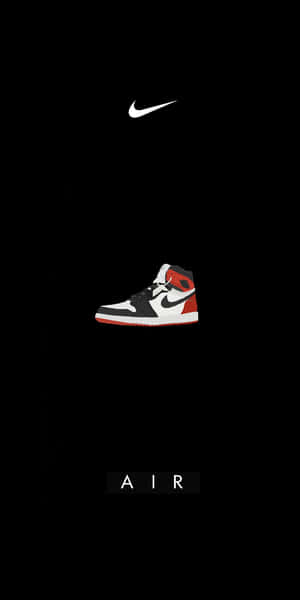白色、黑色和紅色Nike Air Jordan 1運動鞋，帶有Nike標誌和AIR字樣，背景為黑色。