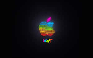 由科技詞彙組成的發光彩虹Apple標誌（黑色背景）