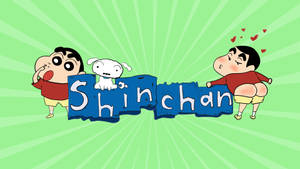 Shinchan 和他的狗 Shiro 在一個有趣的動畫場景中，有心形圖案和一個藍色標誌。