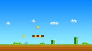 像素化 Mario 遊戲關卡，有管道、問號方塊和磚塊，在藍天下