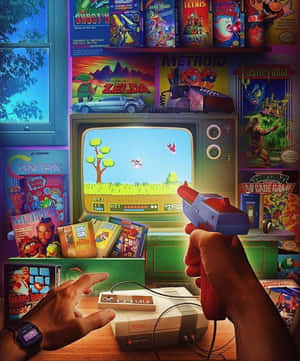 雙手用N64控制器和光線槍玩復古電子遊戲，周圍環繞著遊戲盒。 — 復古 壁紙