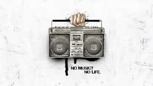 拳頭擊穿音箱，文字寫著 no music no life。