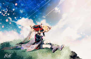 動漫角色坐在長滿草的懸崖上，星空下飄浮著櫻花和光束。