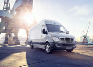 銀色 Mercedes-Benz Sprinter 客貨車在繁忙的港口，有起重機和陽光。