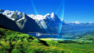 綠色山谷後方的雪山，帶有藍色數位球體和Windows Seven標誌。
