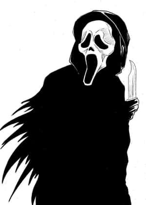 鬼面殺手在黑白插圖中拿著刀。