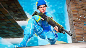 穿著藍色戰術裝備的Fortnite角色在都市環境中蹲著拿著步槍