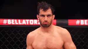 一名赤裸上身的MMA選手，在Bellator籠內帶著嚴肅的表情。