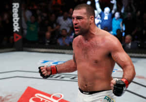 UFC戰士在八角籠內慶祝勝利，身上有血跡斑斑的軀幹和歡呼的人群。 — 冠軍 壁紙