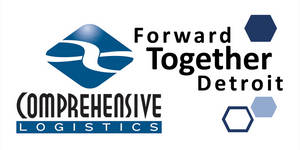 Comprehensive Logistics 標誌，帶有藍色形狀和標語 Forward Together Detroit。